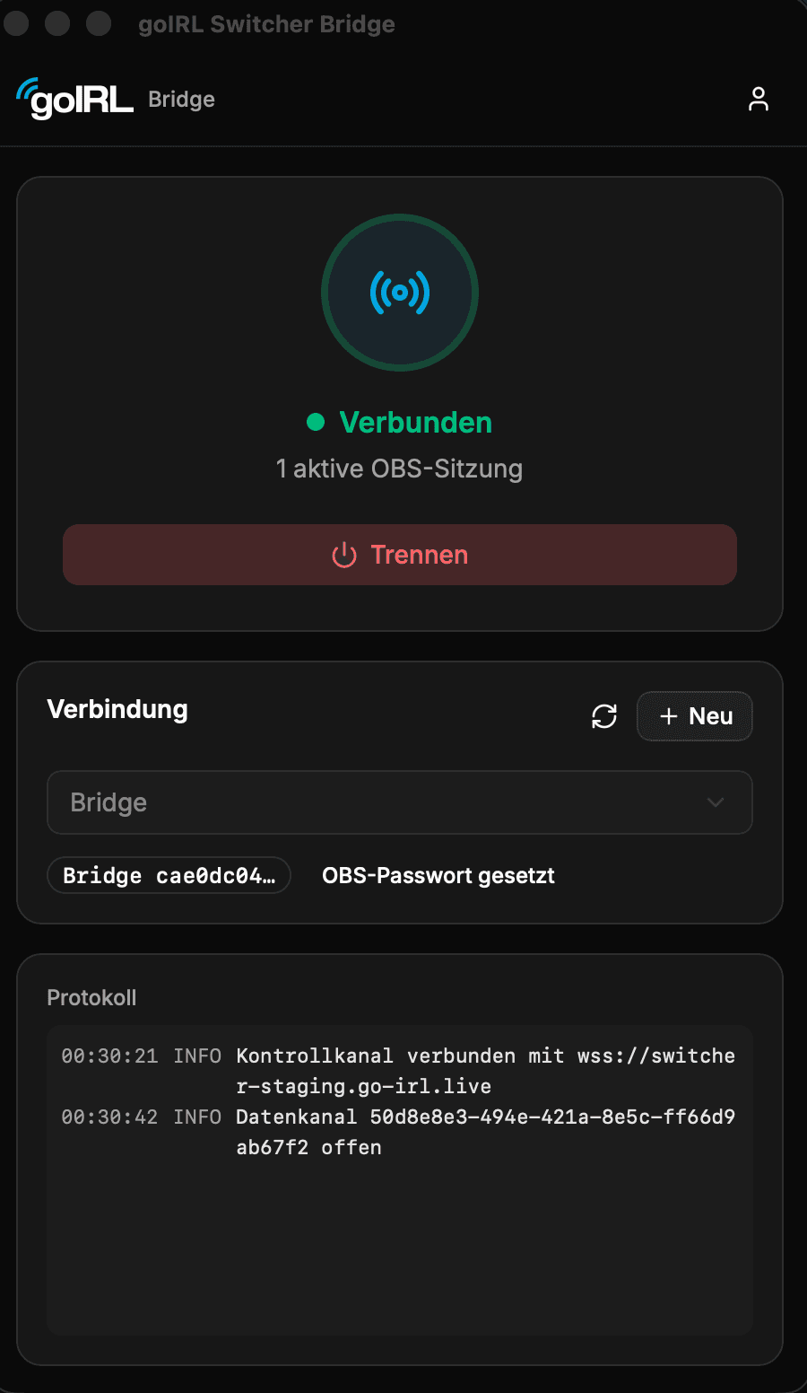Die goIRL Switcher Bridge App, verbunden mit einer aktiven OBS-Sitzung