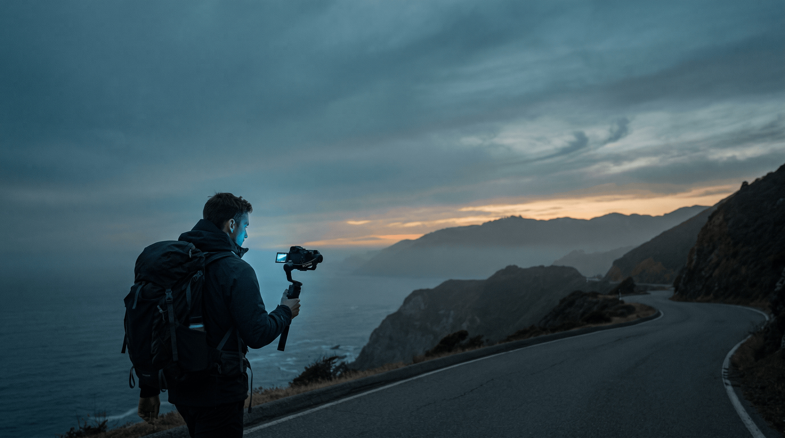 IRL-Streamer mit Rucksack und Gimbal an einer Küstenstraße zur blauen Stunde.
